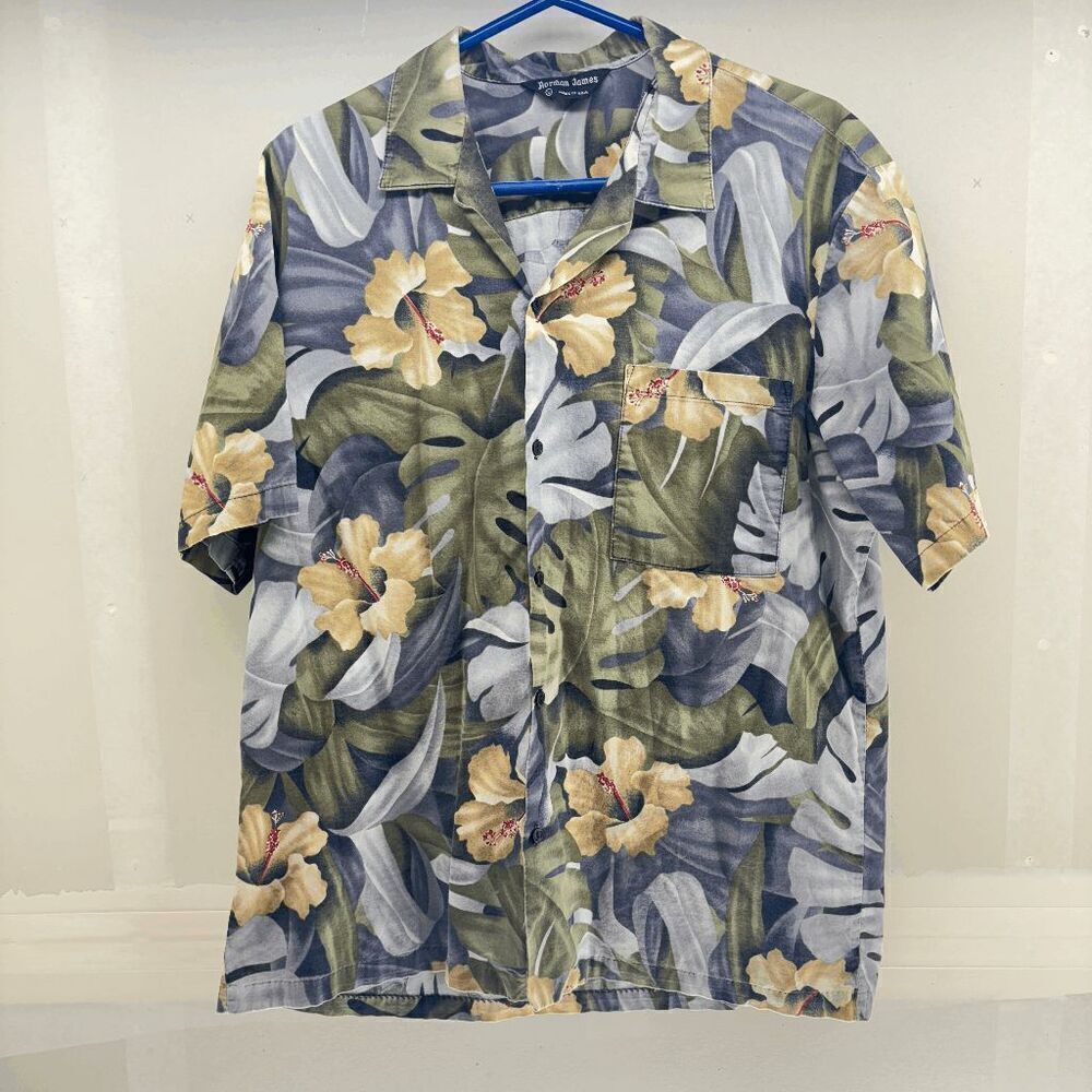 Vintage Norman James Button Up Hawaiian Camp‎ Shirt Aloha Floral All Over L